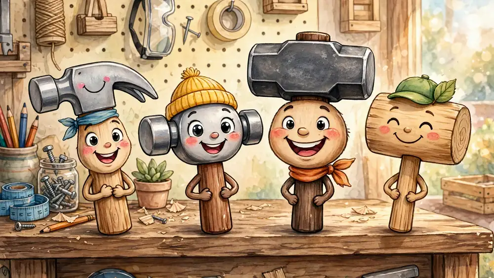 Cartoon claw hammer, ball-peen, sledgehammer and mallet characters on a workshop shelf — classic hammer puns illustration