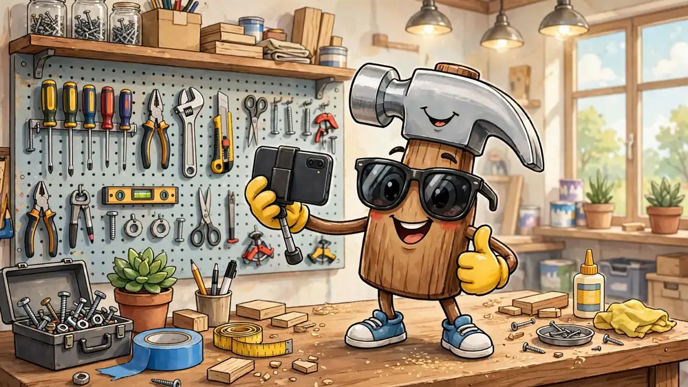 Cartoon hammer in sunglasses taking a selfie in a workshop — hammer captions illustration