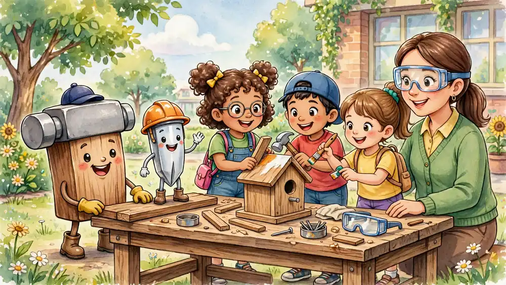 Cartoon hammer and nail helping school children build a birdhouse — hammer jokes for kids illustration