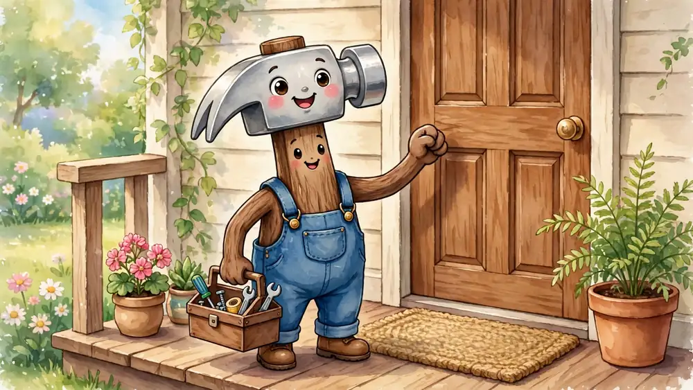 Cartoon hammer with a toolbox knocking at a front door — knock-knock hammer jokes illustration