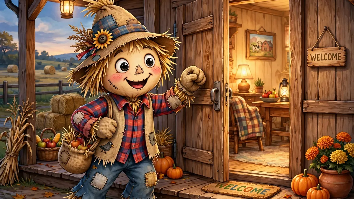 Cartoon scarecrow knocking on a farmhouse door — knock-knock harvest jokes illustration