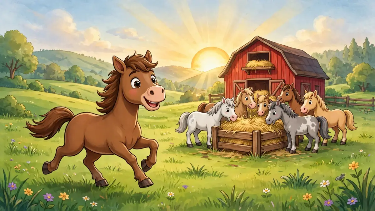 Cartoon horse and her herd trotting in a sunny pasture — classic horse puns illustration