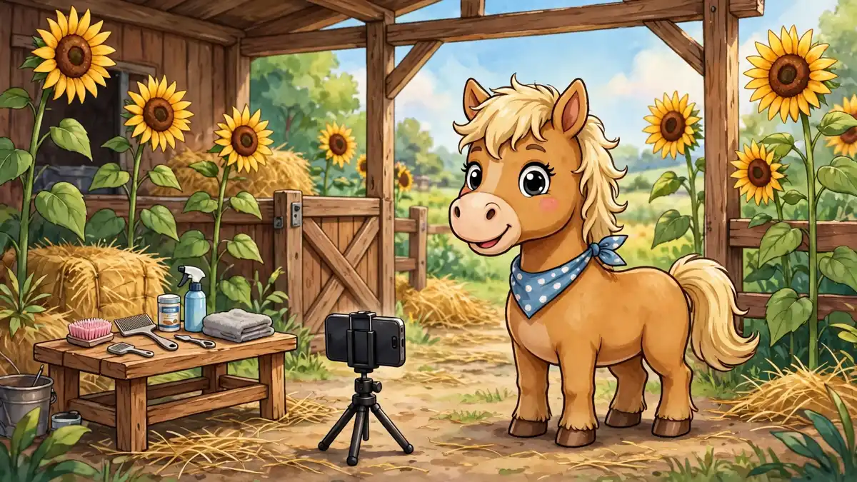 Cartoon horse posing for a smartphone photo at the stable gate — horse captions illustration