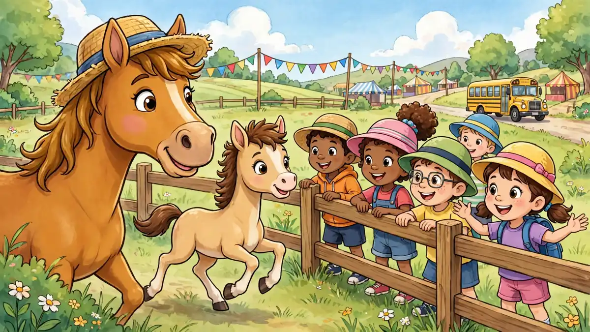 Cartoon horse greeting happy school children at a farm visit — horse jokes for kids illustration
