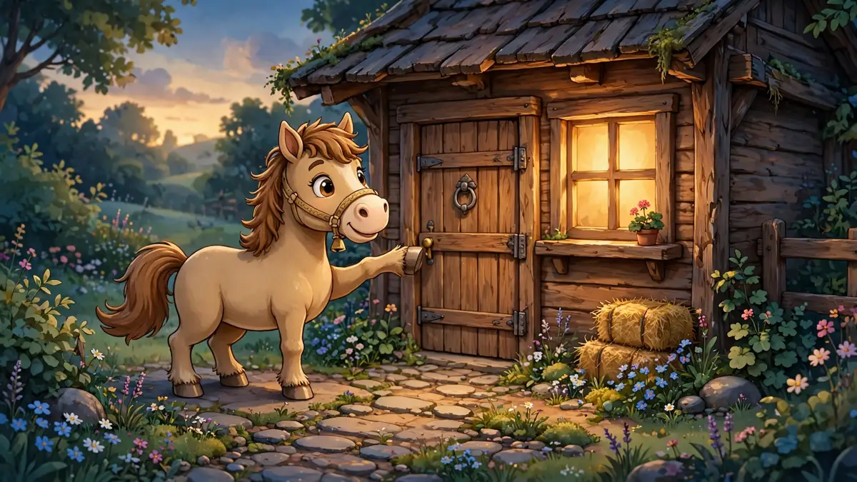 Cartoon horse knocking at a cozy stable door at dusk — knock-knock horse jokes illustration