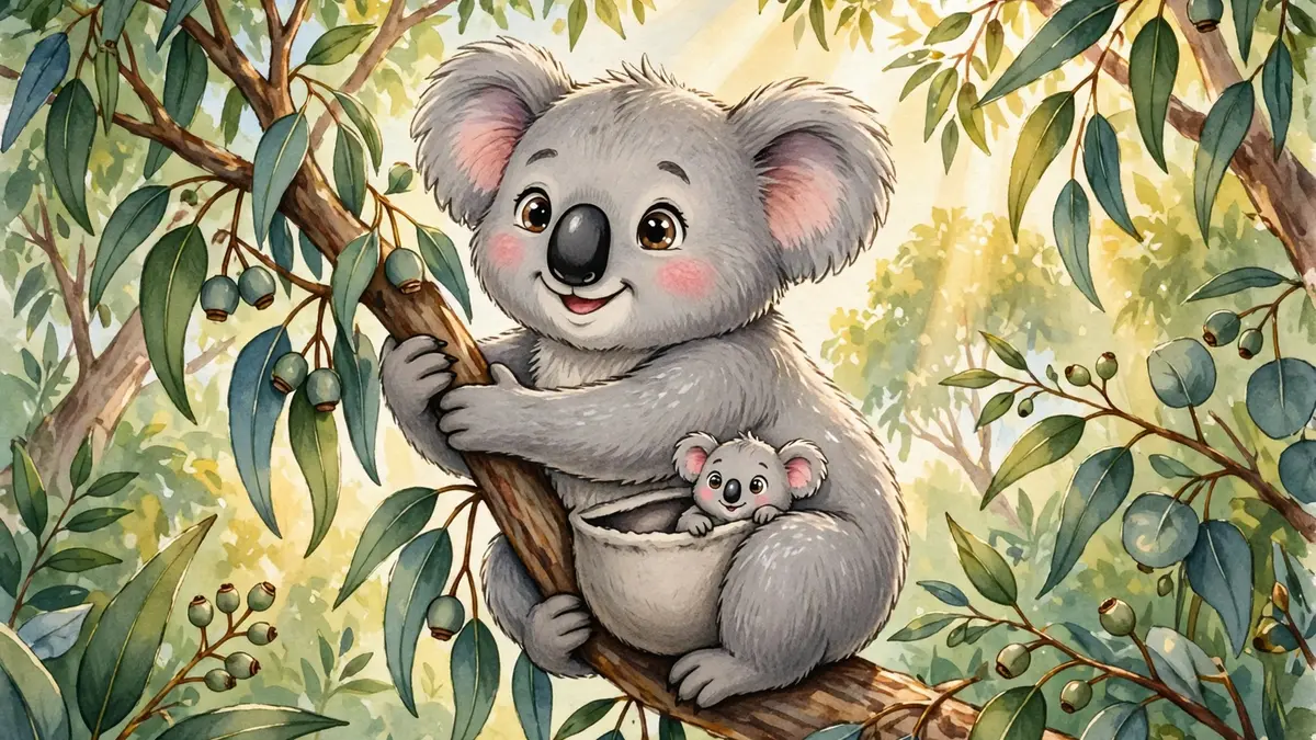Cheerful cartoon koala character hugging a eucalyptus branch — koala puns illustration