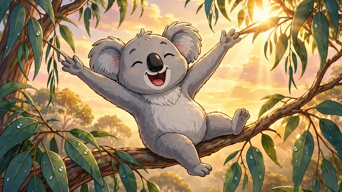 Cartoon koala waking on a eucalyptus branch at sunrise — classic koala puns illustration