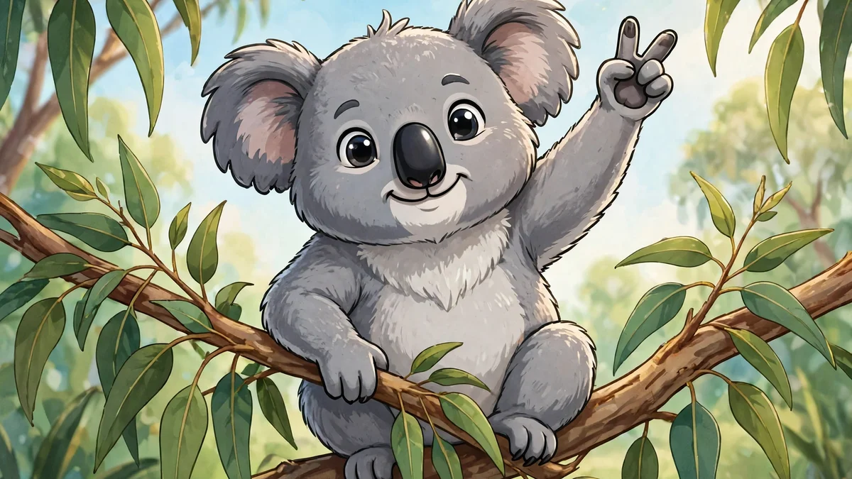 Cartoon koala posing for a smartphone photo on a branch — koala captions illustration