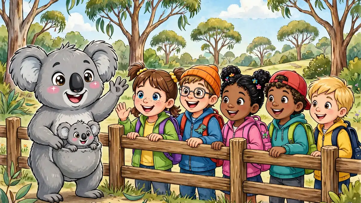 Cartoon koala greeting happy school children on a park visit — koala jokes for kids illustration