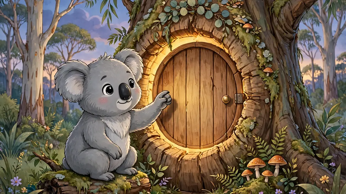 Cartoon koala knocking at a cozy tree hollow door at dusk — knock-knock koala jokes illustration