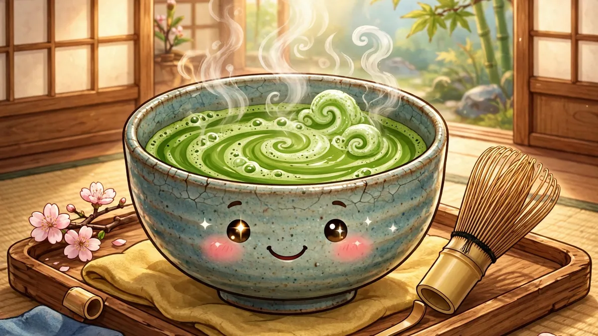 Cheerful cartoon tea bowl of whisked green matcha with a bamboo whisk — matcha puns illustration