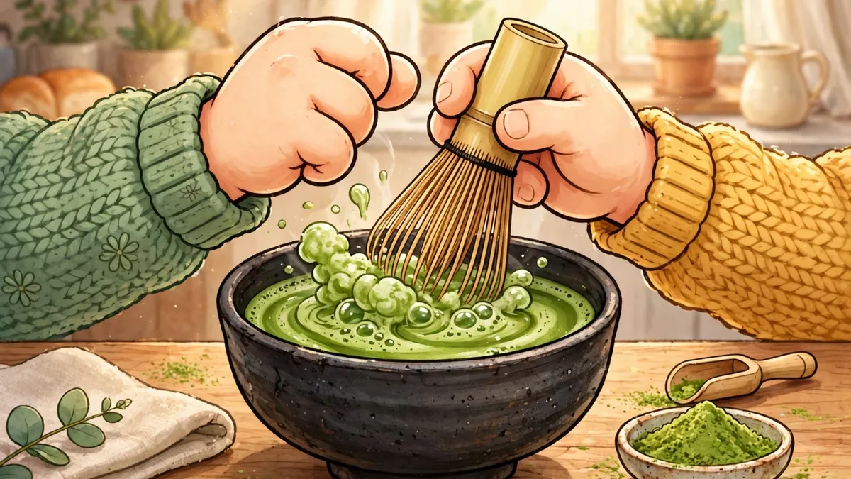 Cartoon hands whisking bright green matcha in a tea bowl — classic matcha puns illustration
