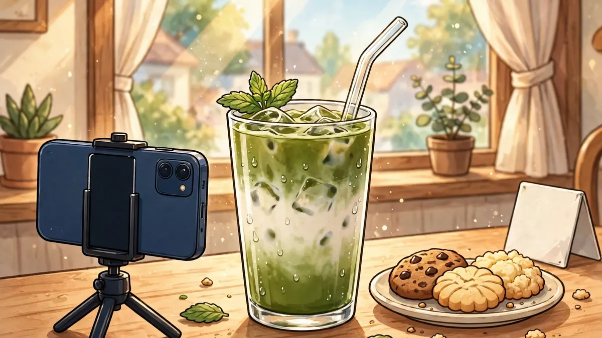 Cartoon iced matcha latte photographed on a café table — matcha captions illustration