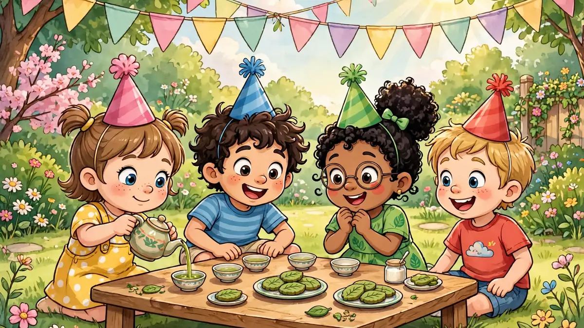 Cartoon children enjoying a green-tea party in a sunny garden — matcha jokes for kids illustration