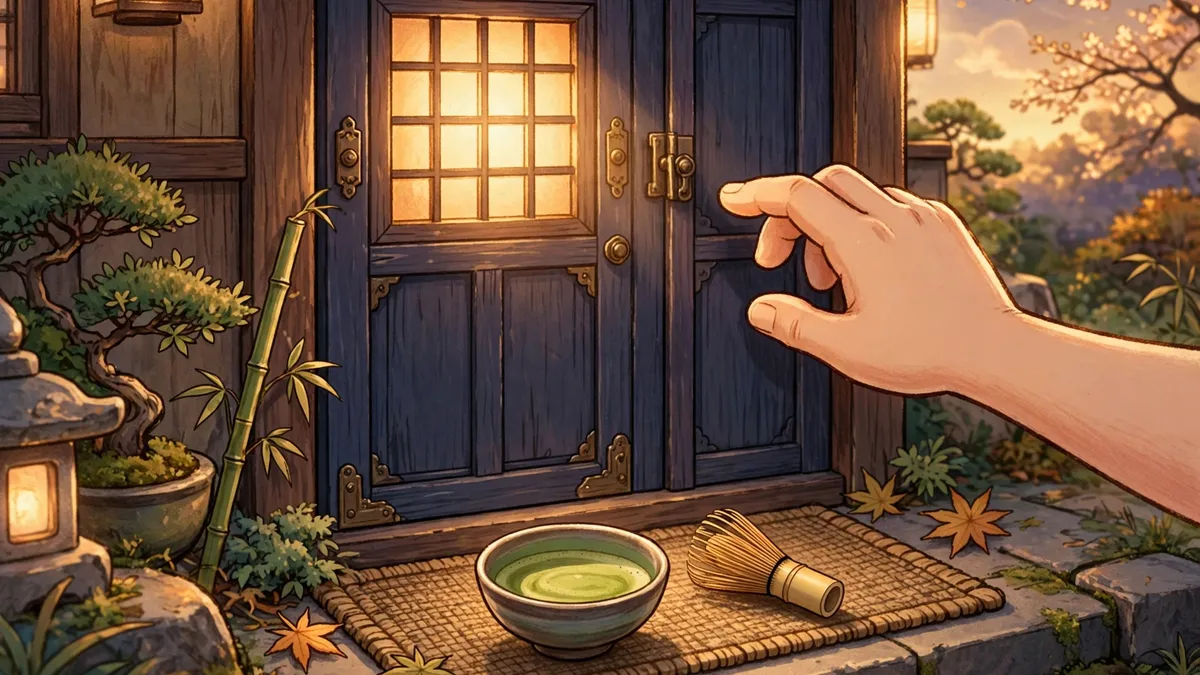 Cartoon tea house door with a knock at golden hour — knock-knock matcha jokes illustration