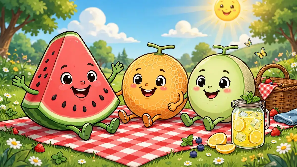 Cheerful cartoon watermelon slice character at a sunny picnic — melon puns illustration