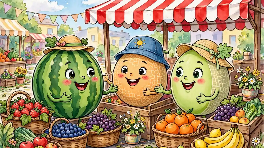 Cartoon watermelon, cantaloupe and honeydew characters at a sunny fruit stand — melon puns illustration