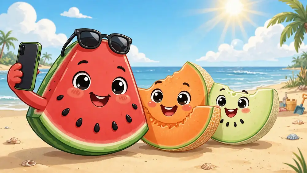 Cartoon watermelon slice taking a selfie with melon friends at the beach — melon captions illustration