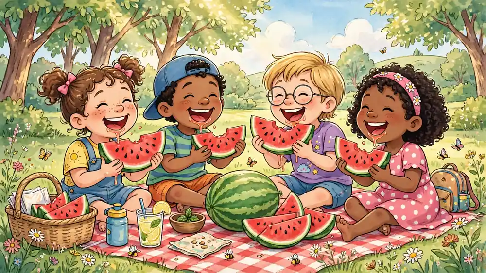 Cartoon kids sharing watermelon slices at a summer picnic — melon jokes for kids illustration