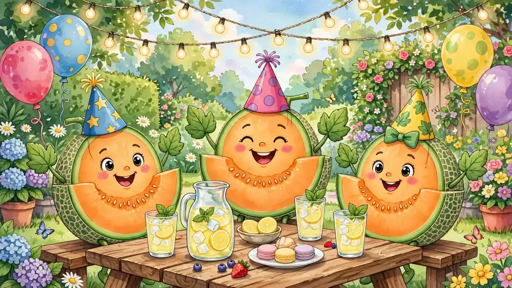 Cartoon melon slices celebrating at a summer party — melon puns illustration