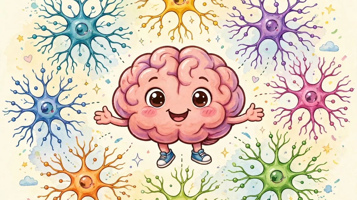 Smiling cartoon brain character with colorful neurons around it — neuroscience puns illustration