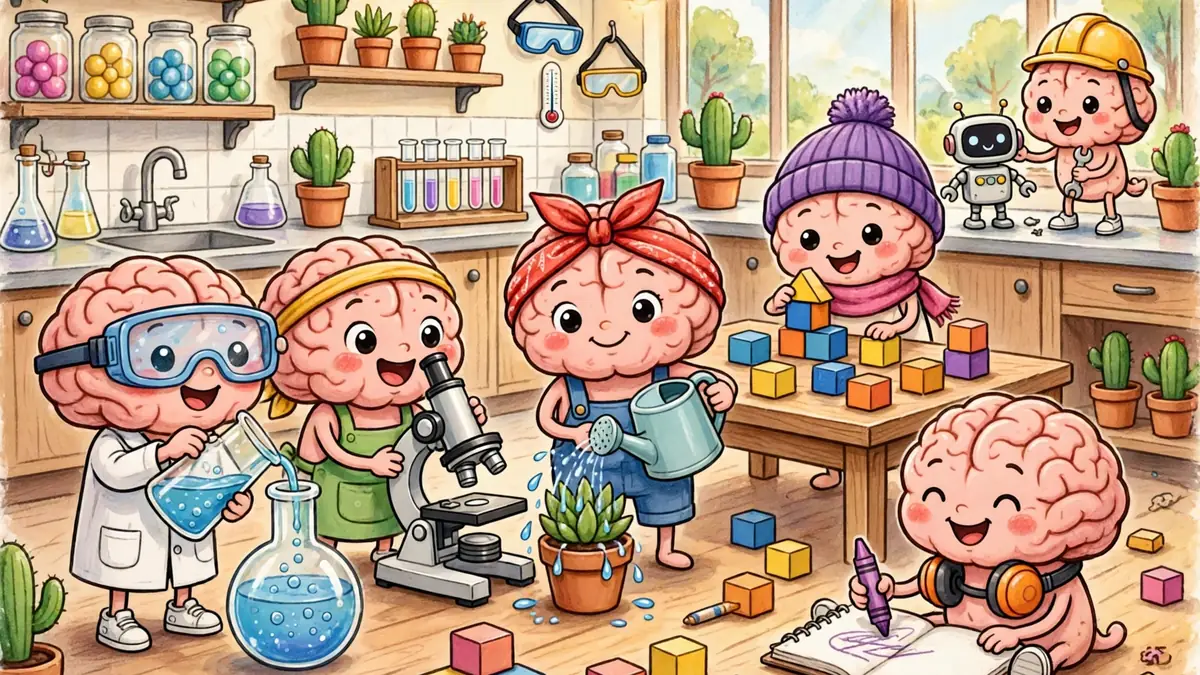 Playful cartoon brain characters having fun in a bright science lab — classic neuroscience jokes illustration