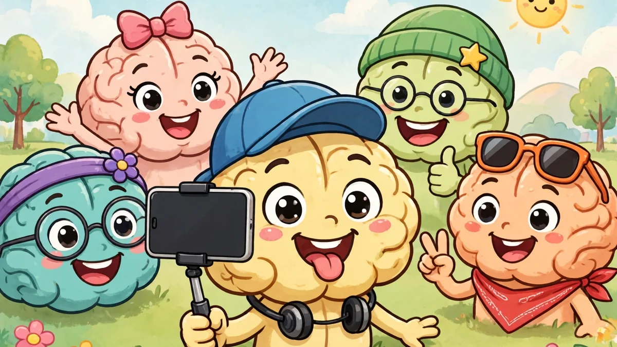 Cheerful cartoon brain characters taking a selfie — brain puns captions illustration
