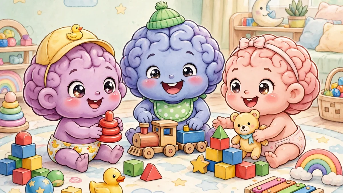 Adorable cartoon baby brain characters playing with colorful toys — funny jokes for kids illustration