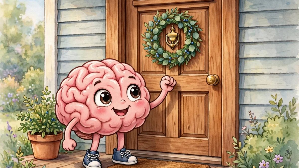 Cartoon brain knocking on a wooden door — knock-knock brain jokes illustration