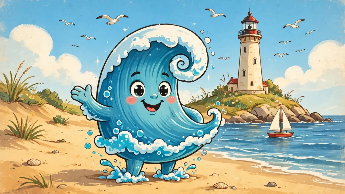 Cheerful cartoon wave character standing at the edge of a sunny beach — ocean puns illustration