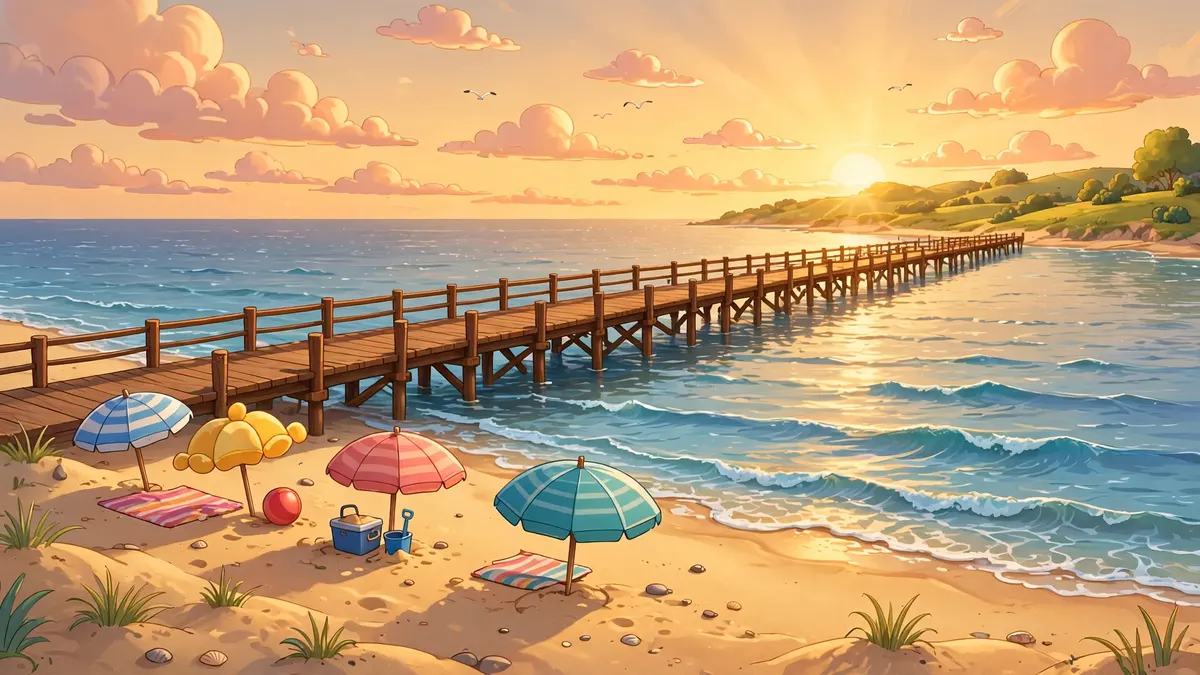 Cartoon shoreline with gentle waves and a wooden pier at golden hour — classic ocean puns illustration