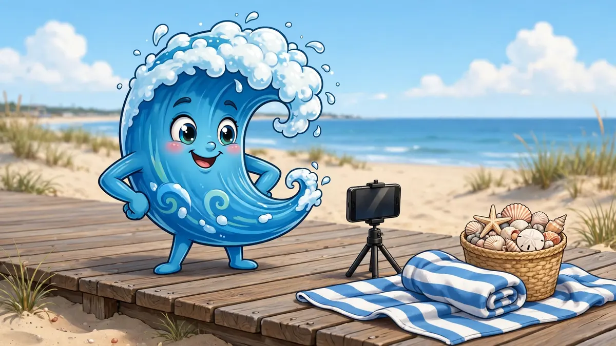Cartoon wave character posing for a smartphone photo on a boardwalk — ocean captions illustration