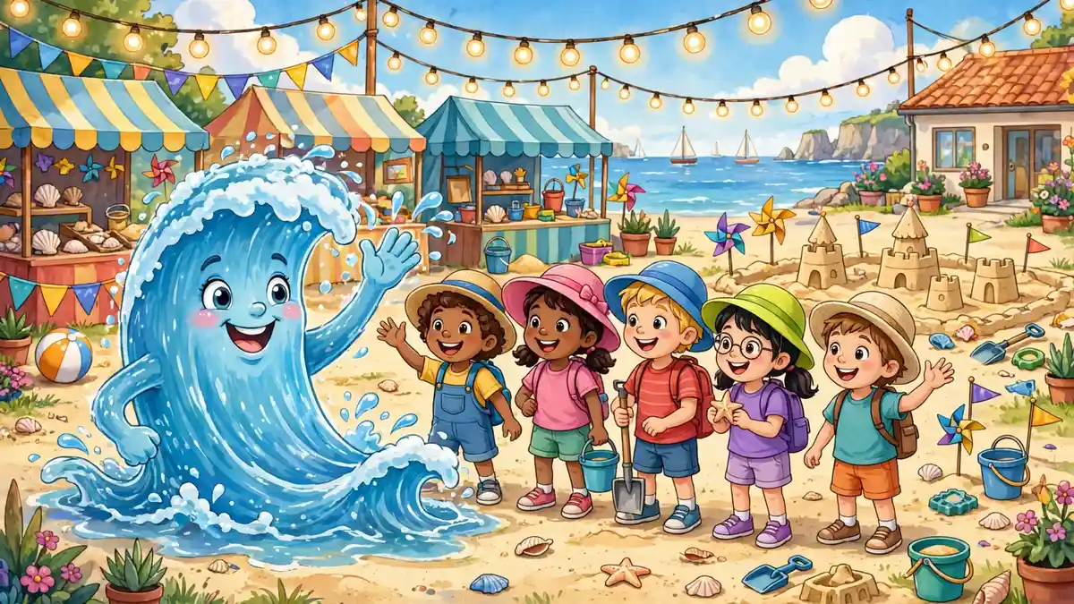Cartoon wave character greeting happy school children at a seaside school fair — ocean jokes for kids illustration