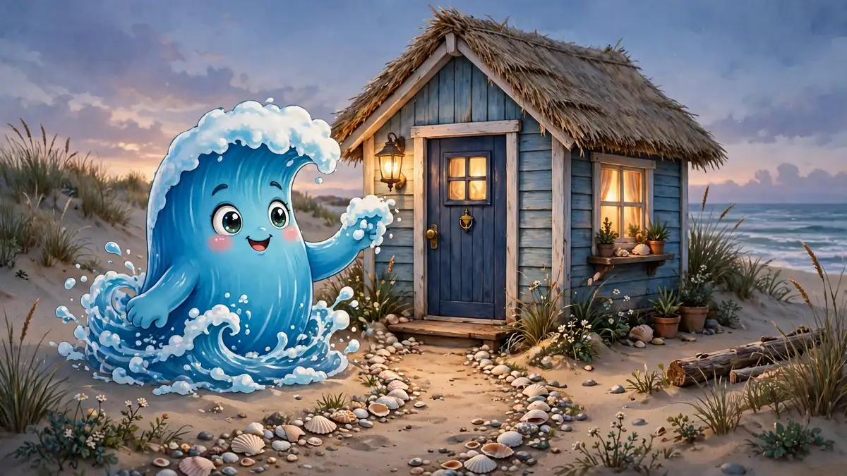 Cartoon wave character knocking at a cozy beach cottage door — knock-knock ocean jokes illustration