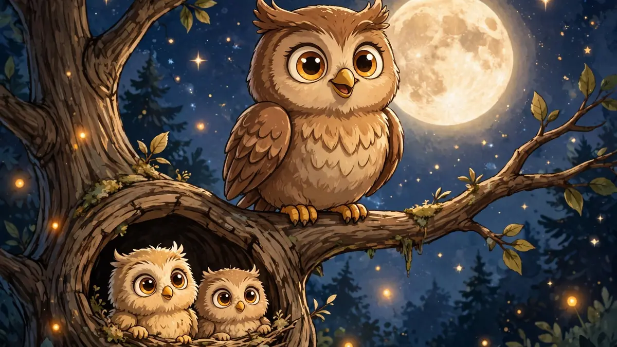 Cheerful cartoon owl character perched on a moonlit branch — owl puns illustration