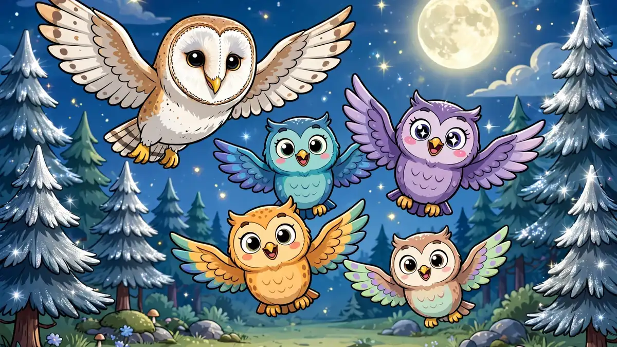 Cartoon owls gliding silently over a moonlit forest clearing — classic owl puns illustration