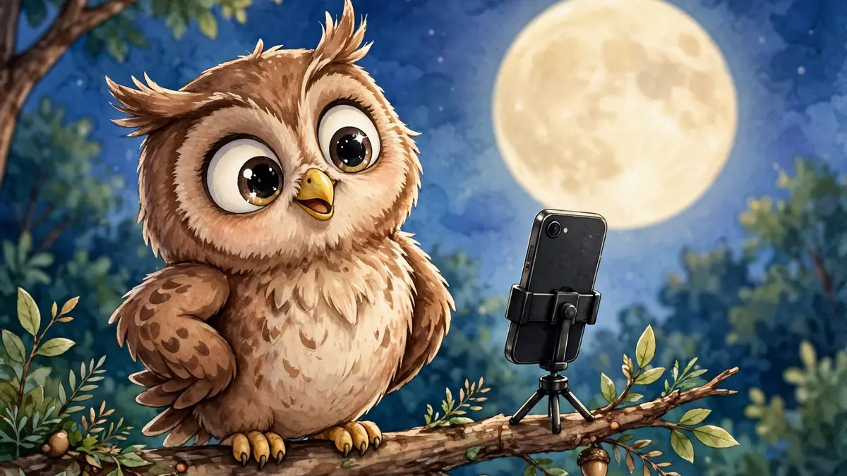 Cartoon owl posing for a smartphone photo on a branch — owl captions illustration