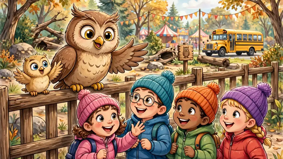 Cartoon owl greeting happy school children on a zoo visit — owl jokes for kids illustration