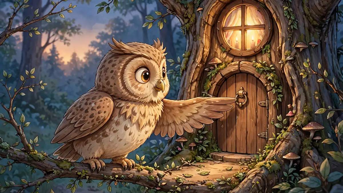 Cartoon owl knocking at a cozy tree hollow door at dusk — knock-knock owl jokes illustration