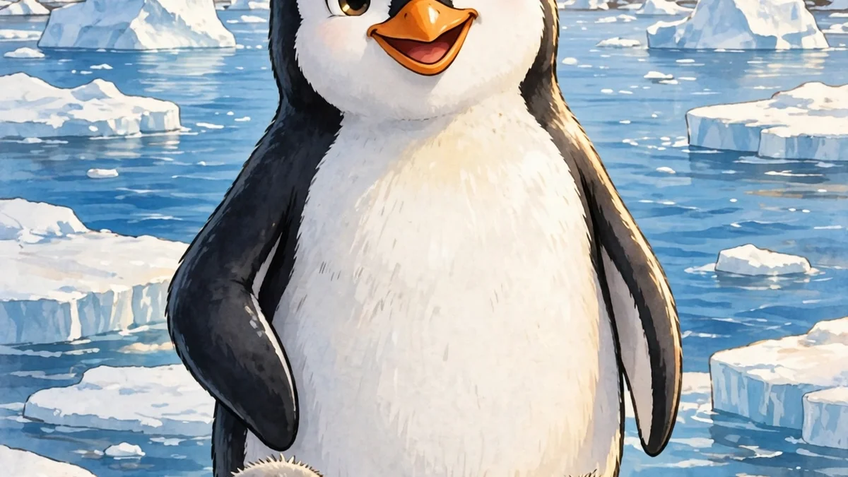 Cheerful cartoon penguin character standing on sunny Antarctic ice — penguin puns illustration