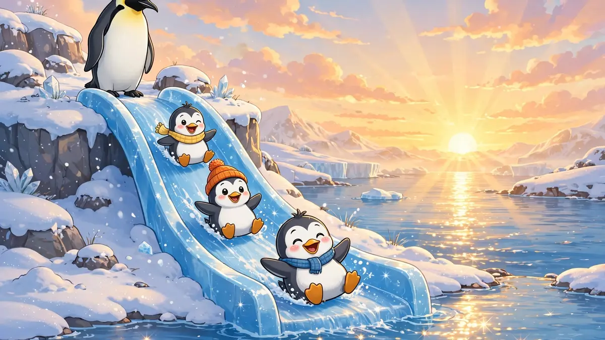 Cartoon penguins sliding happily down an ice slide — classic penguin puns illustration