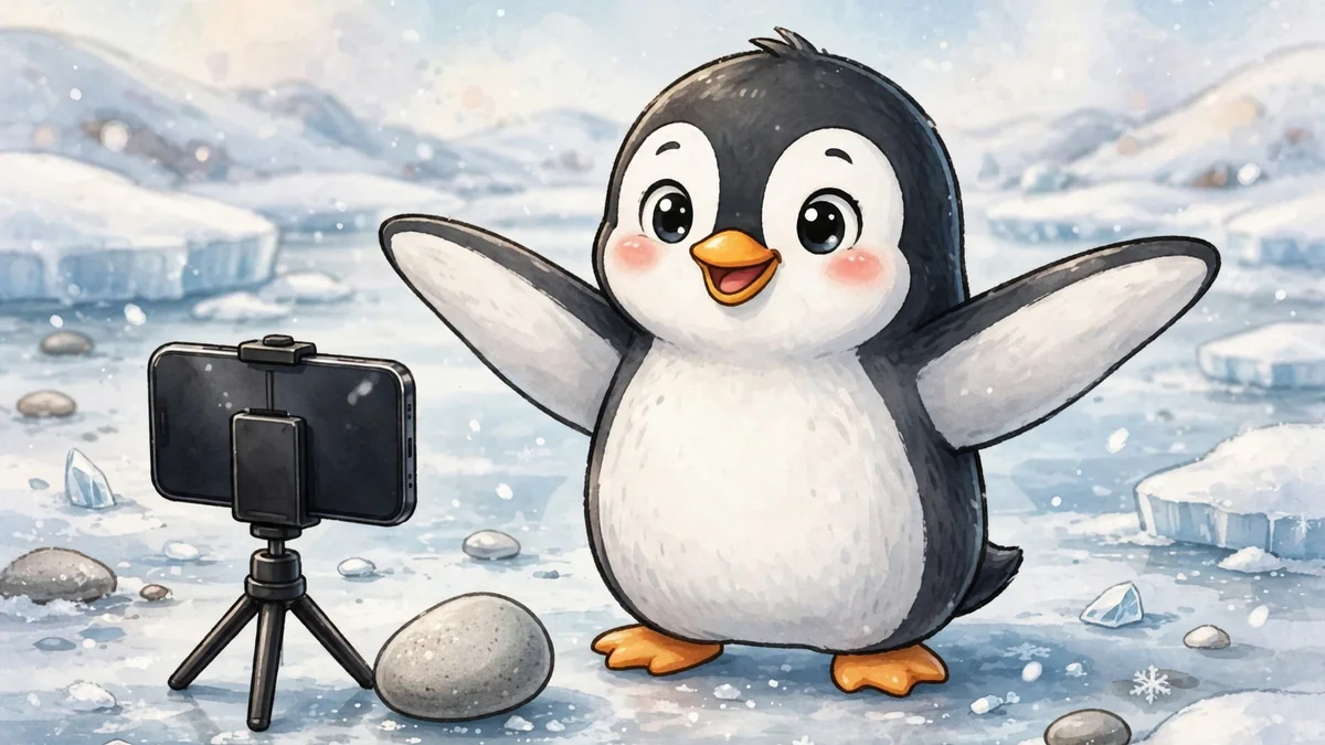 Cartoon penguin posing for a smartphone photo on the ice — penguin captions illustration