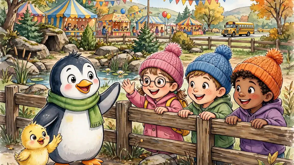 Cartoon penguin greeting happy school children on a zoo visit — penguin jokes for kids illustration