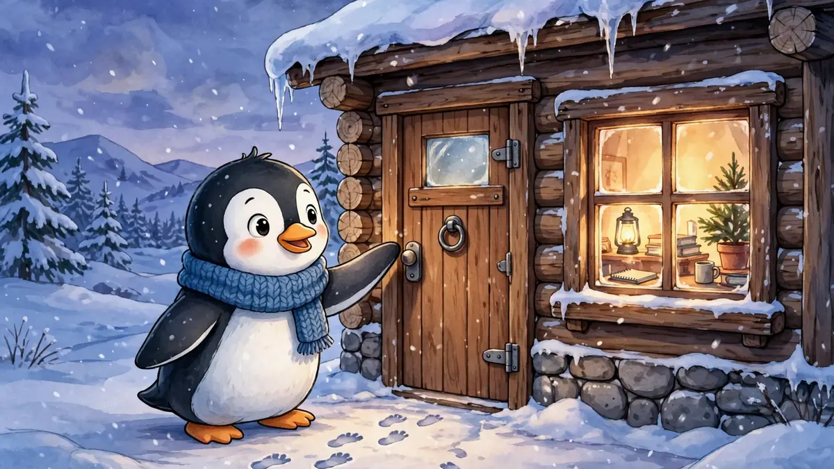 Cartoon penguin knocking at a cozy research station door at dusk — knock-knock penguin jokes illustration