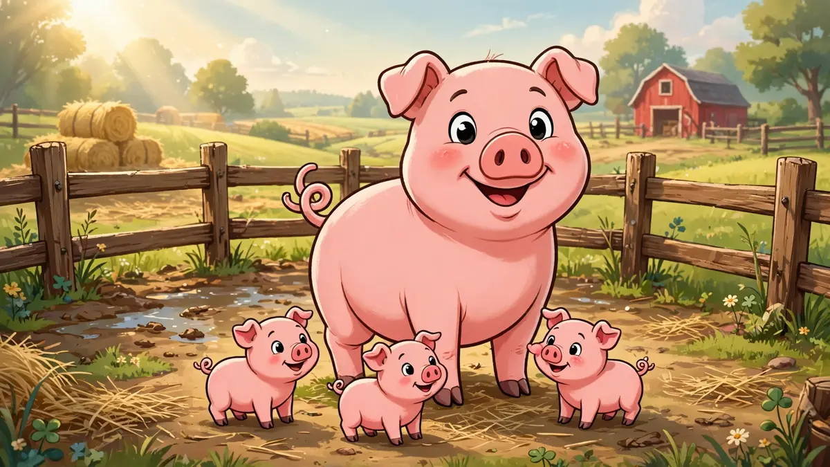 Cheerful cartoon pig character standing in a sunny farm pen — pig puns illustration