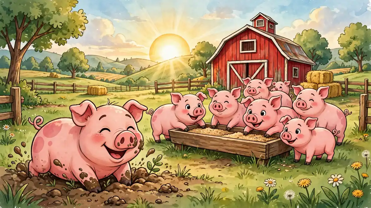 Cartoon pig and her herd rooting in a sunny farmyard — classic pig puns illustration