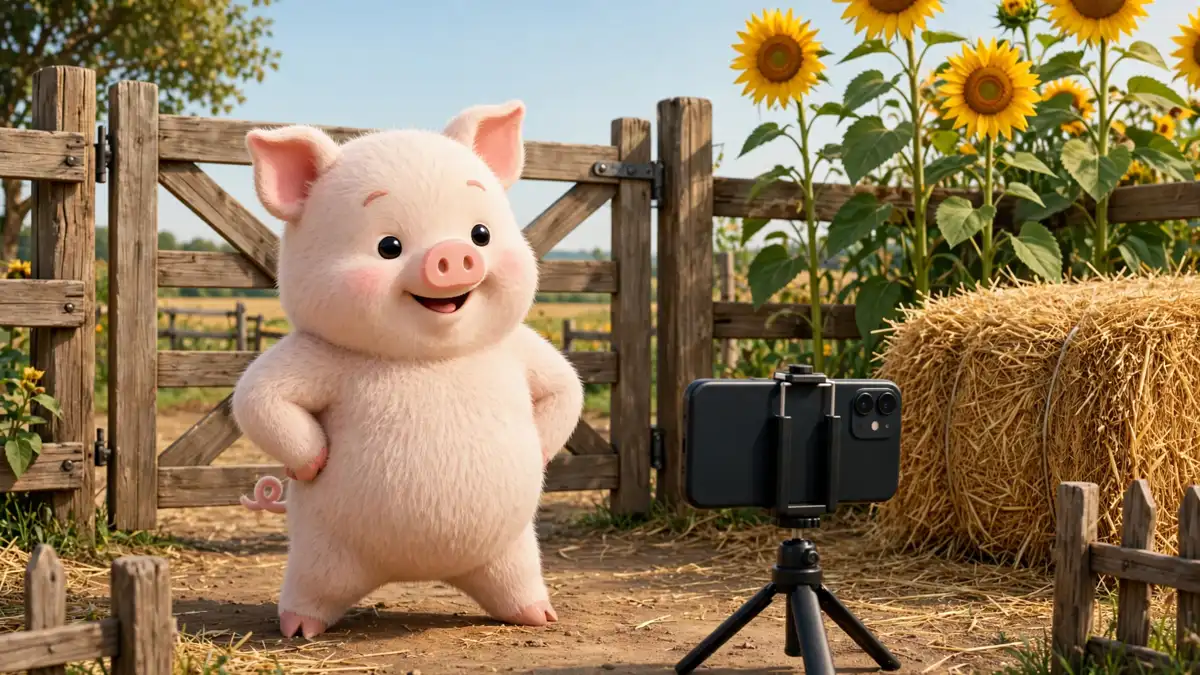 Cartoon pig posing for a smartphone photo at the pen gate — pig captions illustration