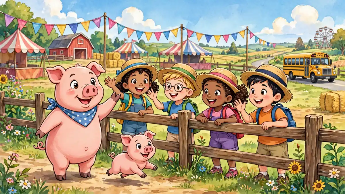 Cartoon pig greeting happy school children at a farm visit — pig jokes for kids illustration