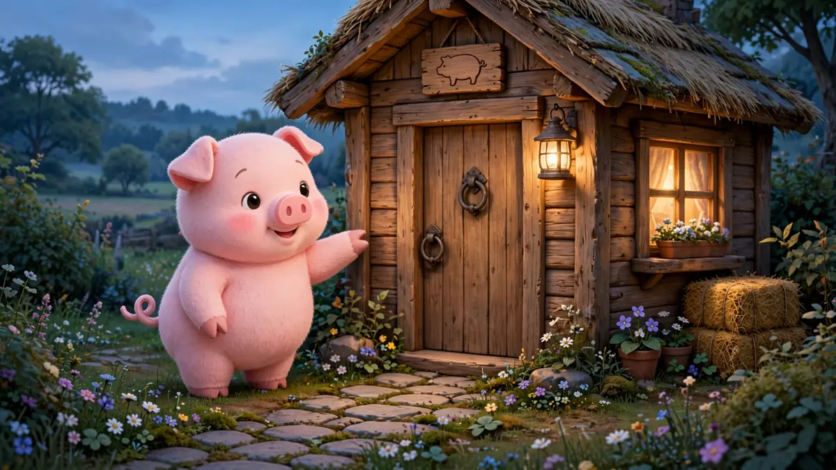 Cartoon pig knocking at a cozy sty door at dusk — knock-knock pig jokes illustration