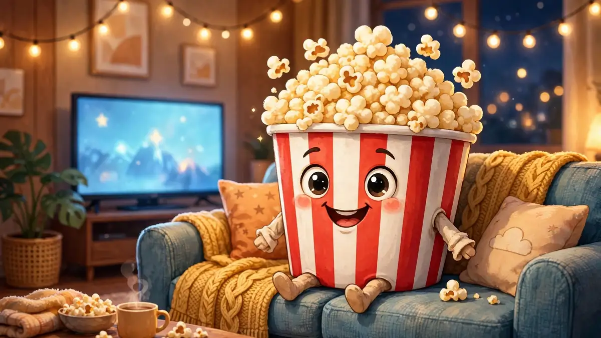 Cheerful cartoon popcorn bucket smiling on a couch at a cozy movie night — popcorn puns illustration